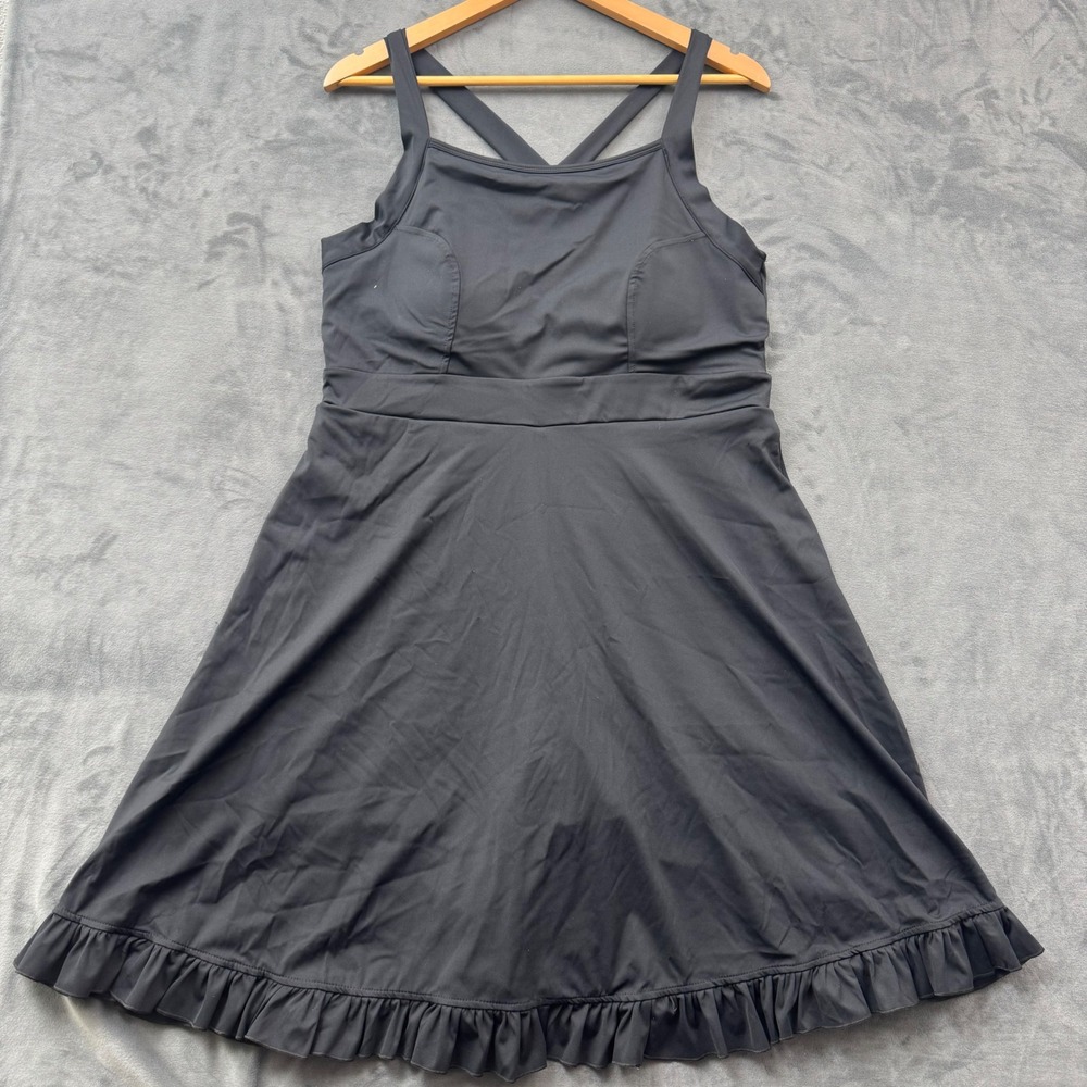 Black Athletic Exercise Dress with Ruffle Hem Criss Cross Back 2XL